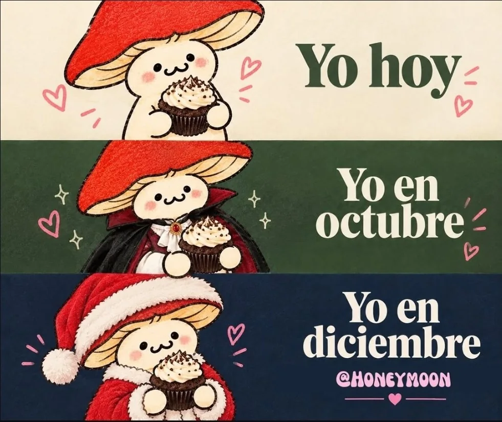 Meme de Hony, la mascota: yo hoy, yo en octubre vestido de vampiro y yo en diciembre con gorro de Papá Noel, siempre con un cupcake